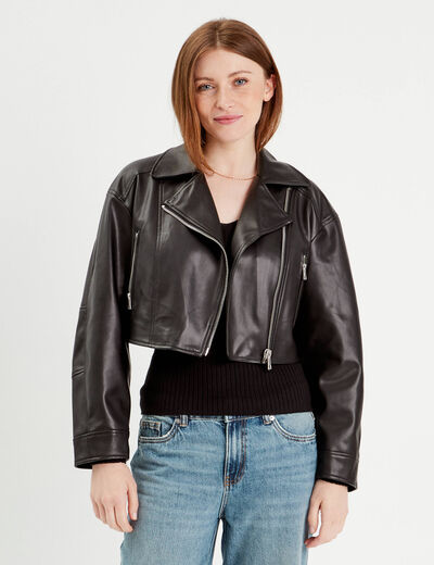 Veste simili cuir zippée noir femme