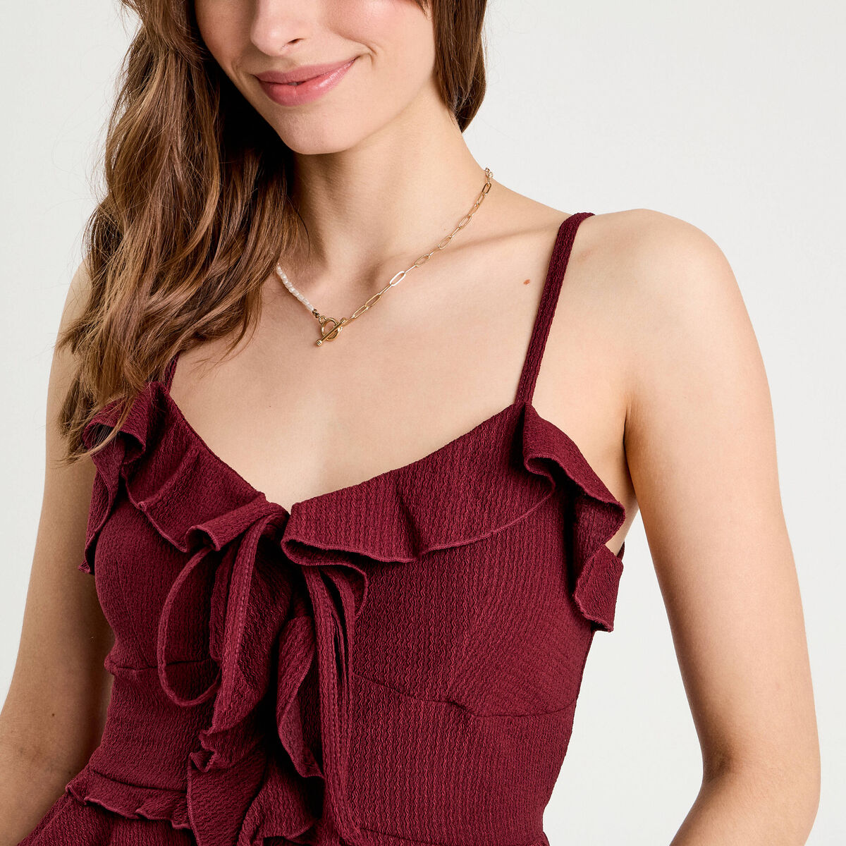 Débardeur cropped volants bordeaux femme