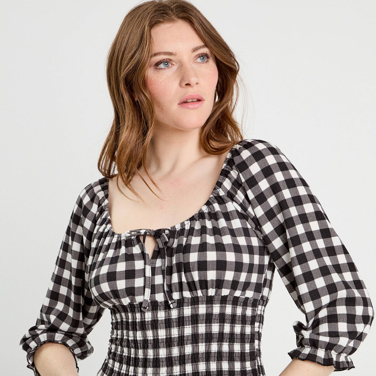 Blouse smockée manches 3/4 blanc femme