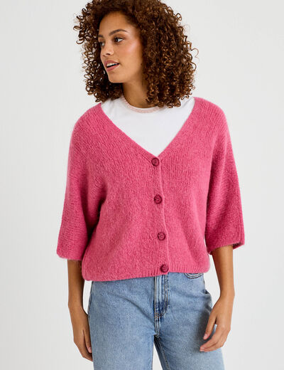 Gilet ample col v manches 3/4 vieux rose femme