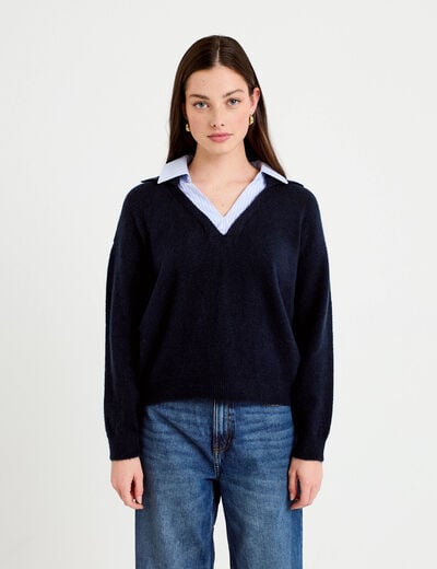 Pull effet 2-en-1 bleu marine femme