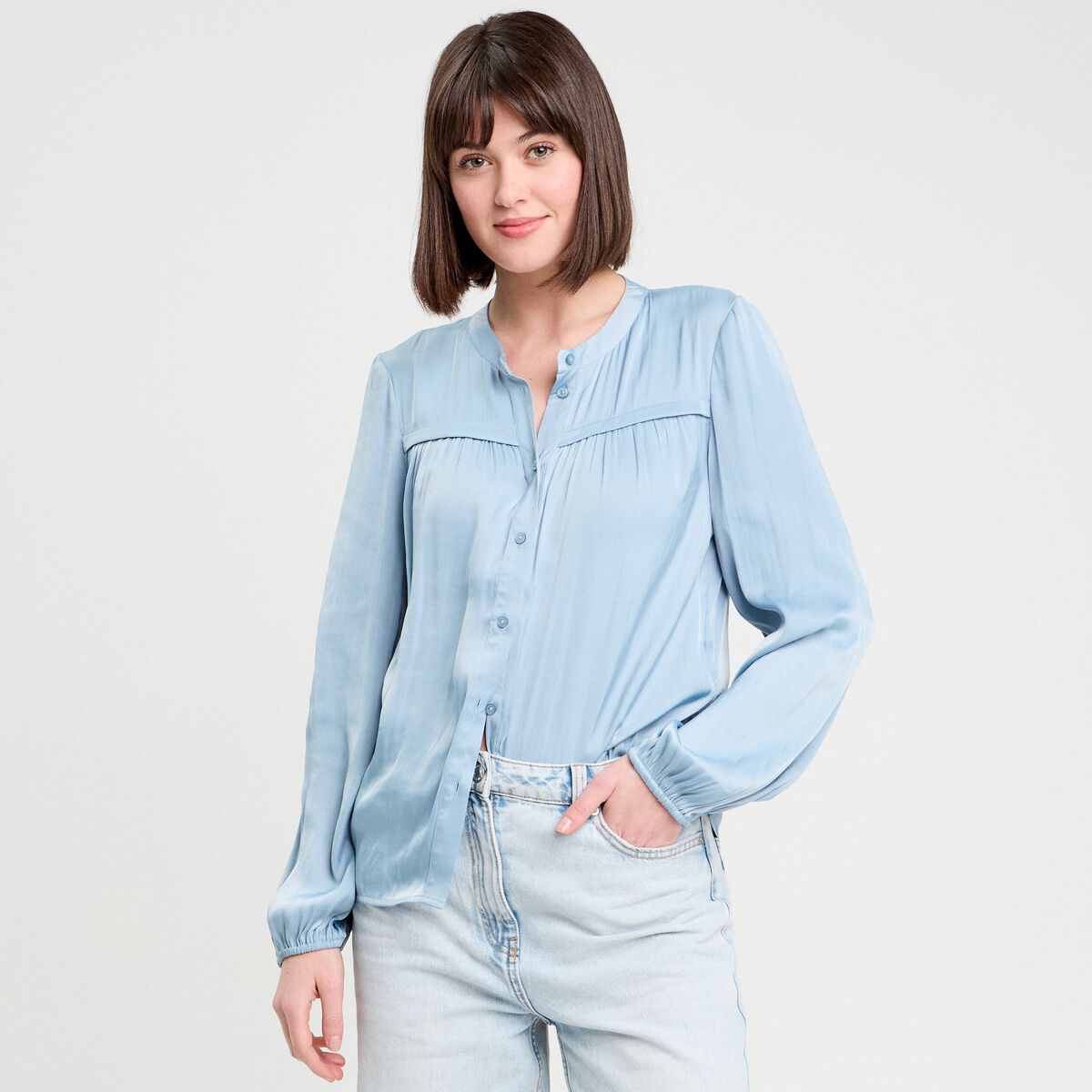 Blouse manches longues satin bleu clair femme