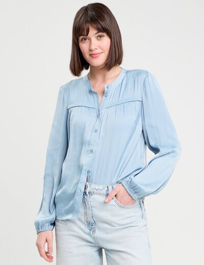 Blouse manches longues satin bleu clair femme