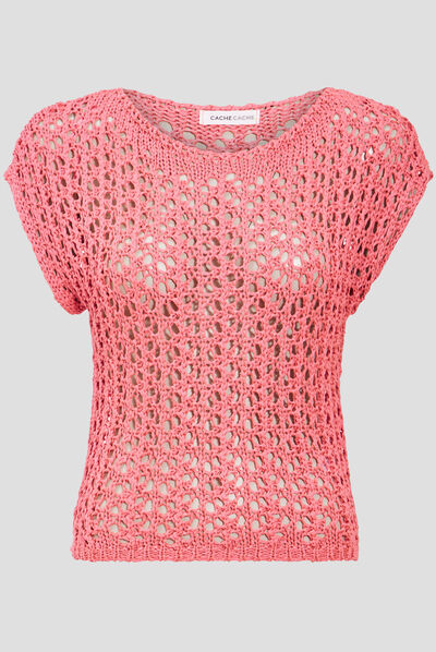 Pull manches courtes ajouré rose fluo femme