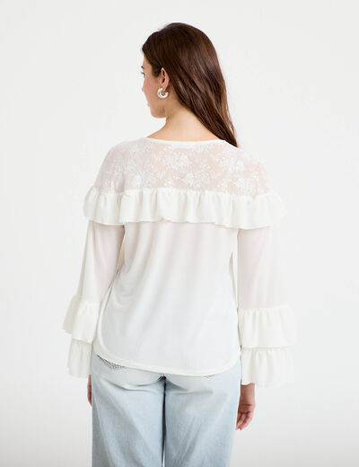 Blouse col v manches longues dentelle ecru femme
