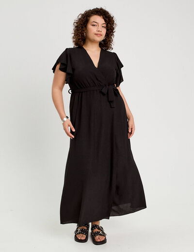 Robe longue évasée cache-coeur noir femme