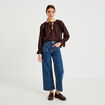 Blouse droite manches longues col rond marron fonc&eacute; femme