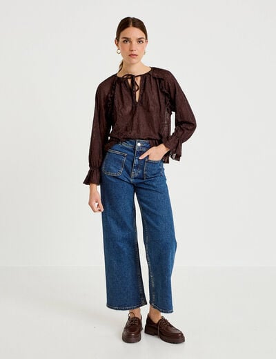 Blouse droite manches longues col rond marron fonc&eacute; femme