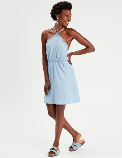 Robe évasée bretelles nouées denim bleach femme