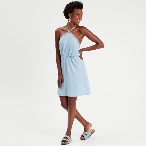 Robe évasée bretelles nouées denim bleach femme