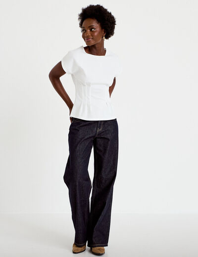 Top ajust&eacute; col rond manches courtes ecru femme
