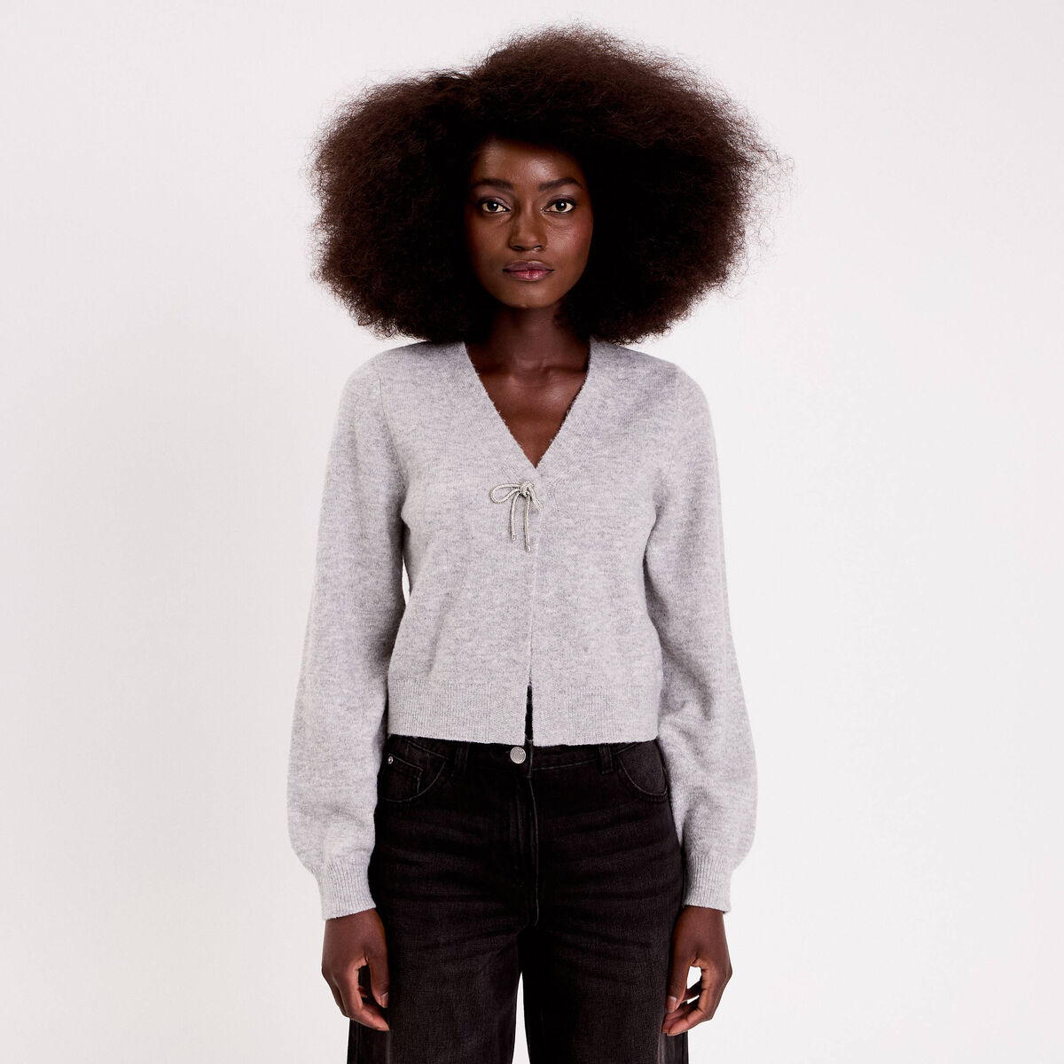 Gilet avec noeud &agrave; strass gris clair femme