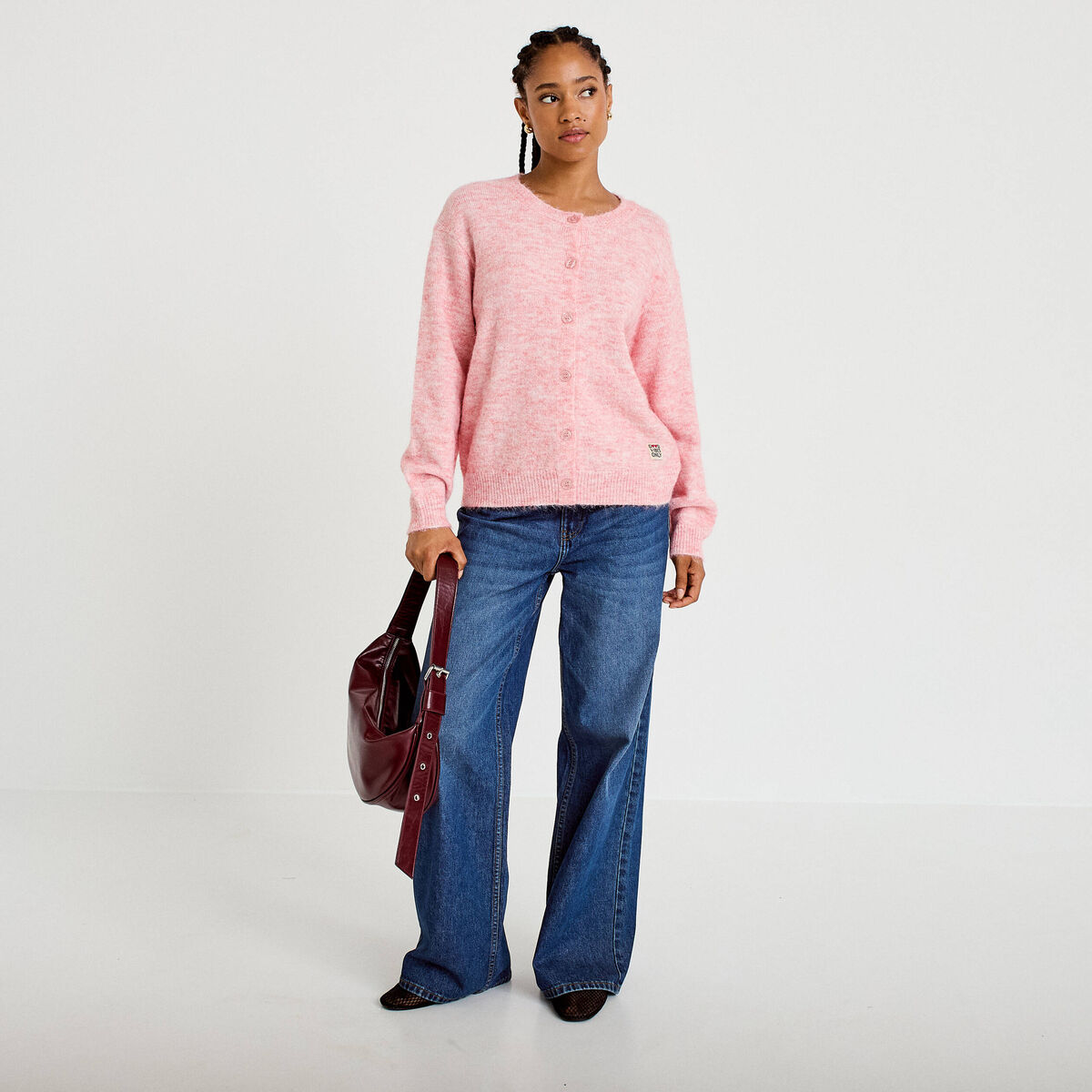 Gilet ample manches longues rose clair femme
