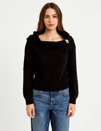 Pull col bardot manches longues noir femme