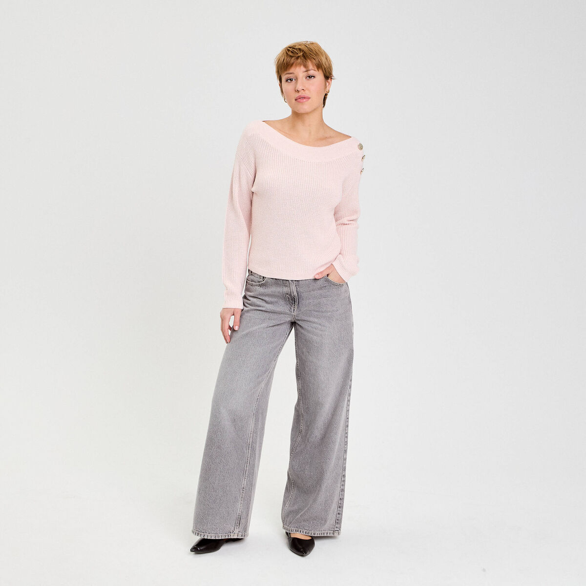 Pull col bateau rose clair femme