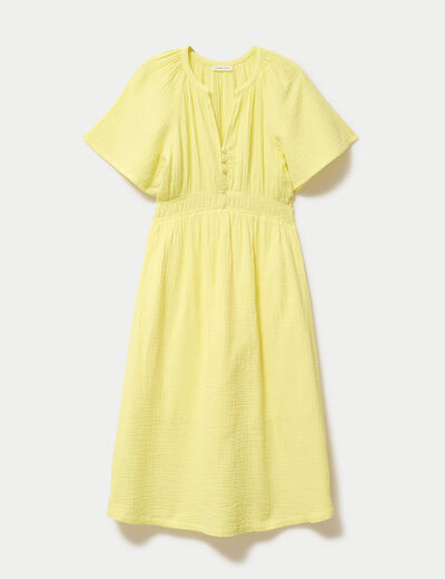 Robe midi pliss&eacute;e col v manches courtes jaune citron femme