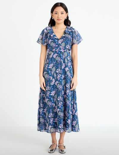 Robe longue &eacute;vas&eacute;e Bridgerton bleu marine femme