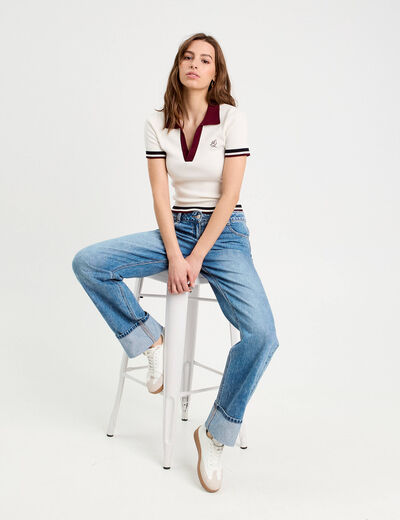 Pull manches courtes col polo ecru femme