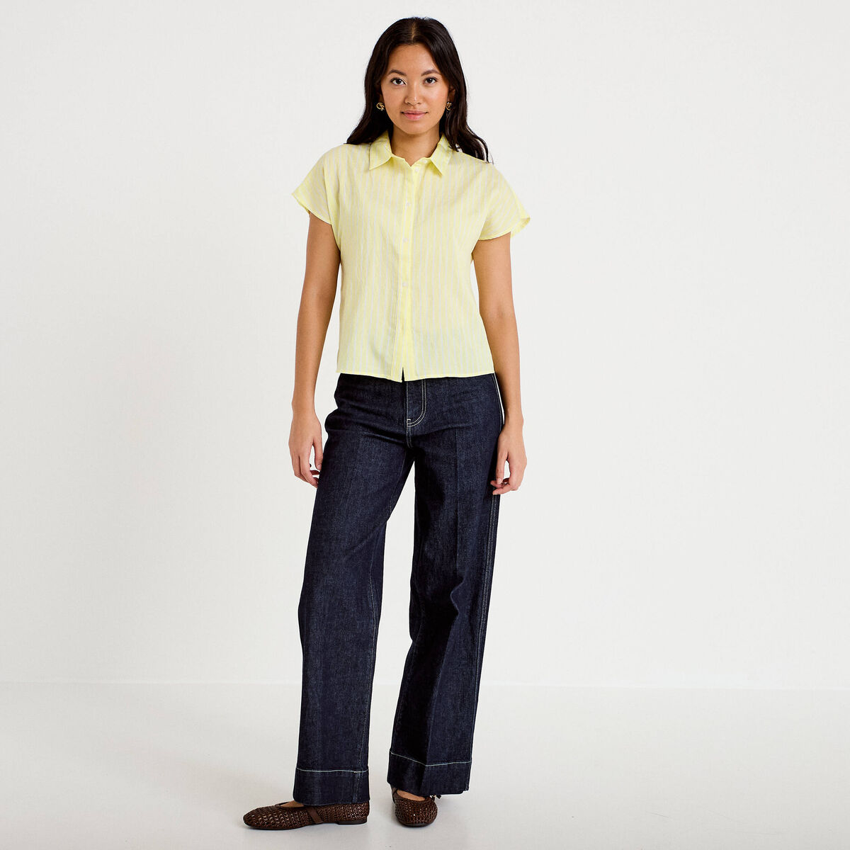 Chemise ample pliss&eacute;e manches courtes jaune femme