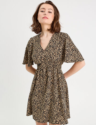 Robe évasée manches courtes beige femme