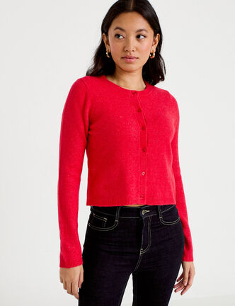 Gilet boutonn&eacute; manches longues rouge femme