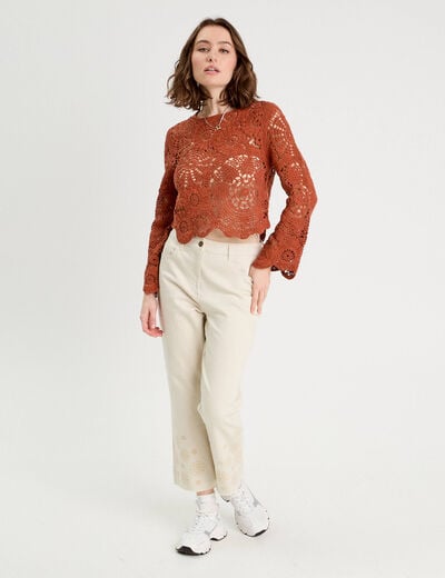 Pull ajouré effet crochet terracotta femme