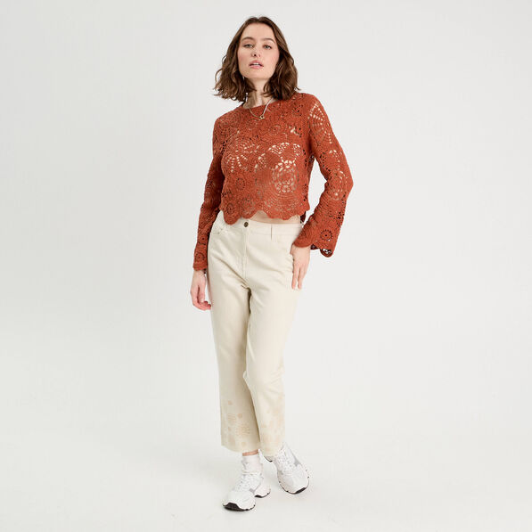 Pull ajouré effet crochet terracotta femme