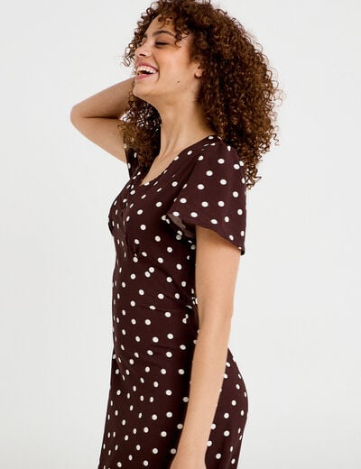 Robe longue &eacute;vas&eacute;e col v manches courtes marron femme