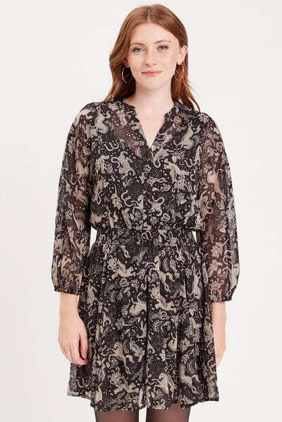 Robe évasée manches longues noir femme