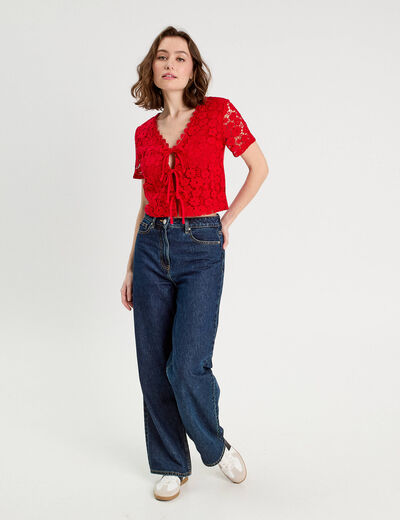 T-shirt noué dentelle guipure rouge femme