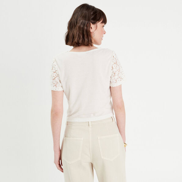 Top macramé boutonné ecru femme