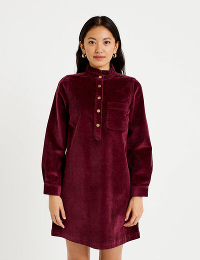 Robe &eacute;vas&eacute;e velours col montant bordeaux femme
