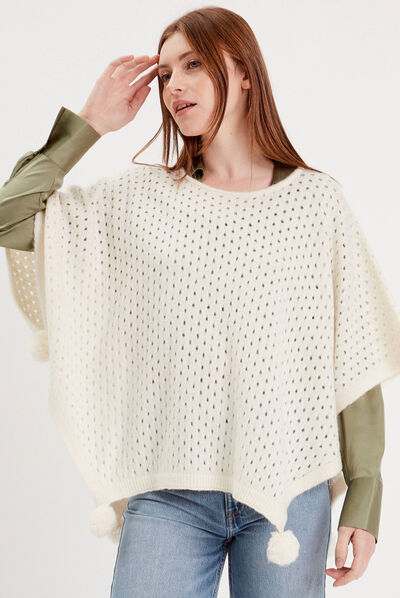 Cape avec pompons ecru femme
