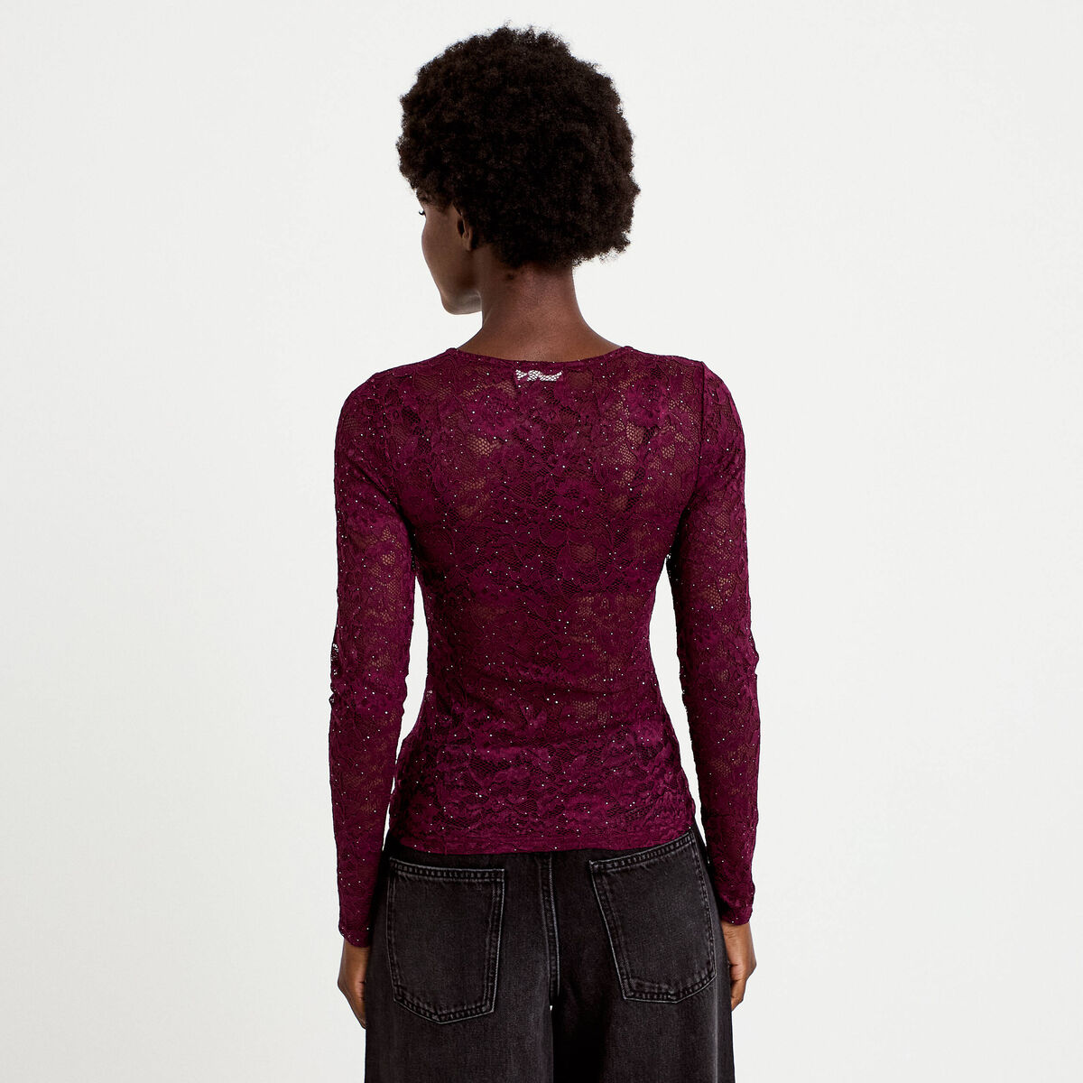 Top ajust&eacute; manches longues dentelle prune femme