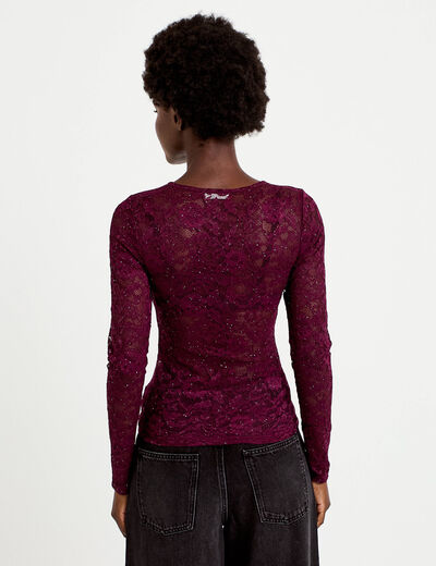 Top ajust&eacute; manches longues dentelle prune femme