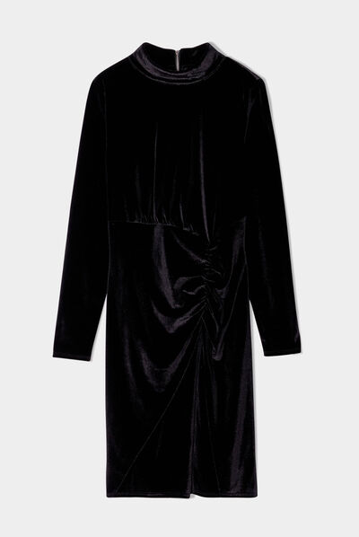 Robe moulante velours fronces noir femme