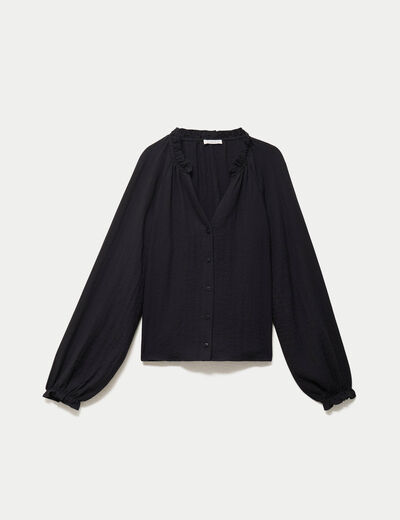 Blouse ample pliss&eacute;e manches longues noir femme