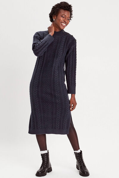 Robe pull moulante torsades bleu marine femme