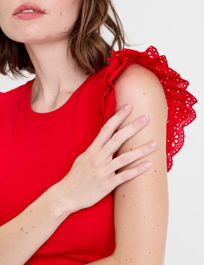 Débardeur volants brodés rouge femme