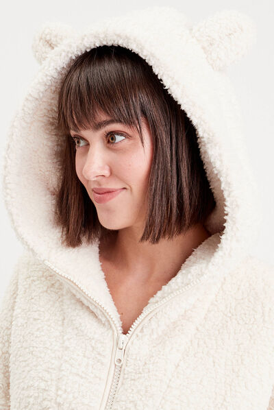 Poncho laine mouton à capuche ecru femme