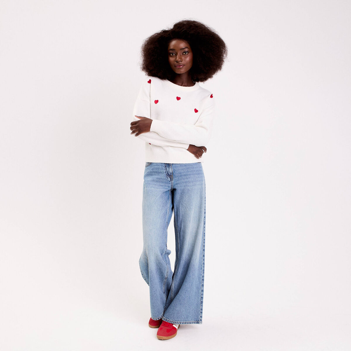 Pull &agrave; motifs coeurs ecru femme