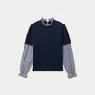 Pull 2-en-1 col rond manches vichy bleu marine femme