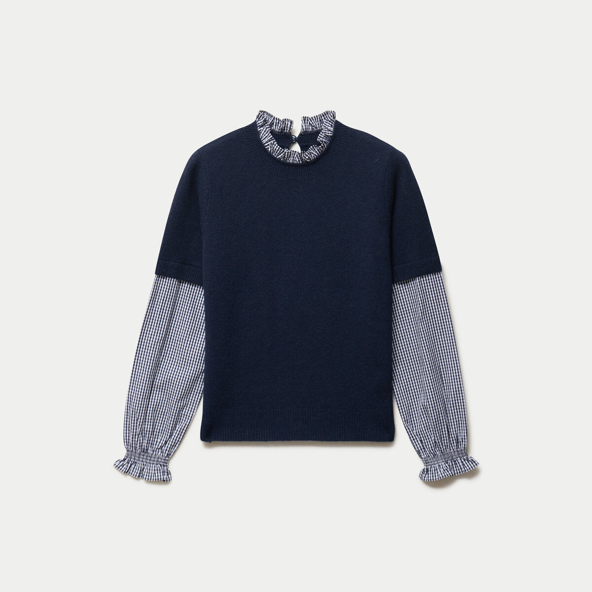 Pull 2-en-1 col rond manches vichy bleu marine femme