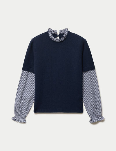 Pull 2-en-1 col rond manches vichy bleu marine femme