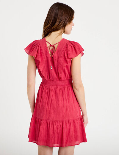 Robe courte &eacute;vas&eacute;e col v manches courtes rose framboise femme