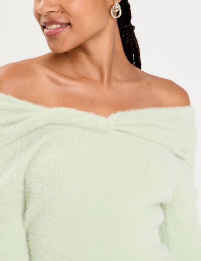 Pull ajust&eacute; col bardot manches longues vert pastel femme