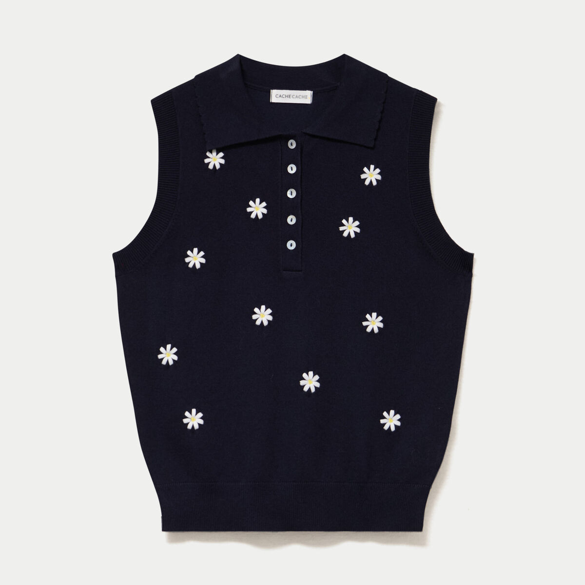 Polo sans manches col chemise brod&eacute; bleu marine femme
