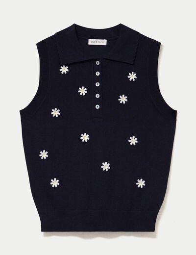 Polo sans manches col chemise brod&eacute; bleu marine femme