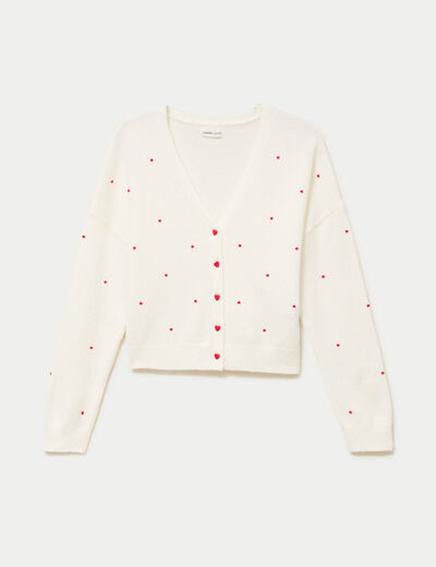 Gilet broderie coeur ecru femme