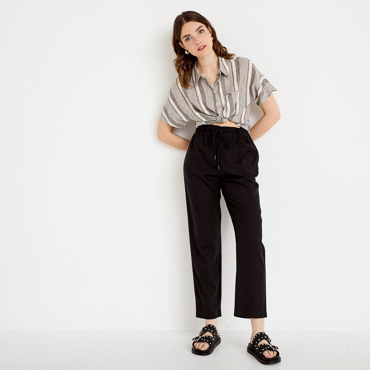 Pantalon droit 7/8&egrave;me taille haute noir femme